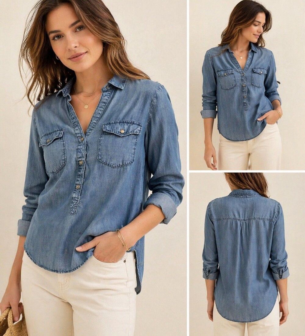 Cloth & Stone Womens Small Tencel Chambray Shirt Blue Utility Hi Low Top